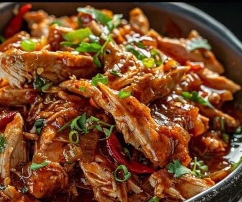 Slow Cooker Sweet Chili Chicken garnished and ready to serve