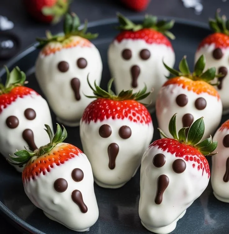 Spooky ghost strawberries decorated for Halloween