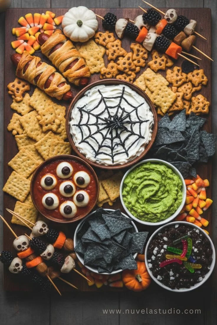 Spooky Halloween food platter with creative appetizers for Halloween celebration.