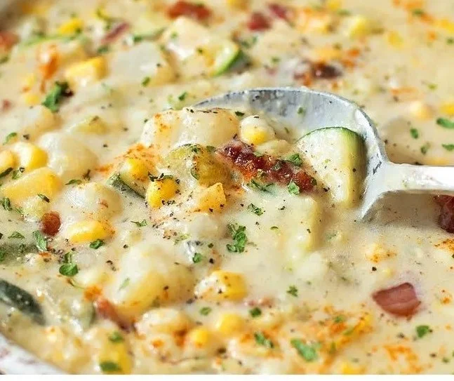 Bowl of Summer Corn and Zucchini Chowder topped with fresh herbs
