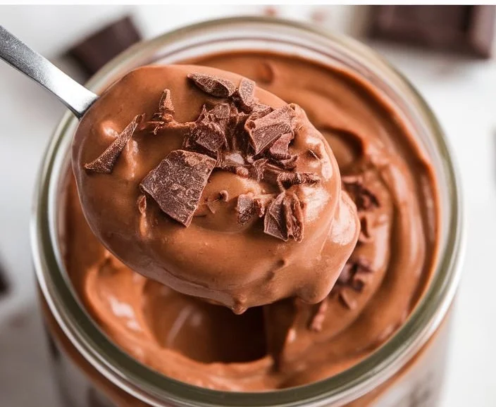Bowl of Super High Protein Chocolate Pudding topped with chocolate shavings