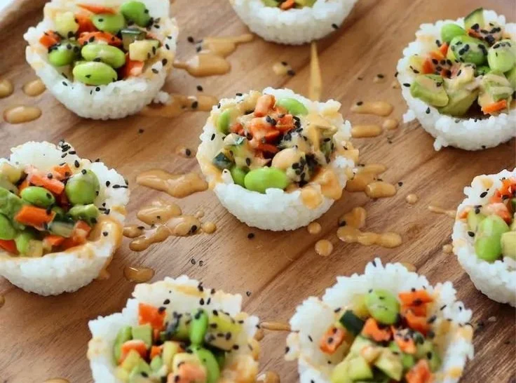 Delicious and colorful sushi cups filled with fresh ingredients