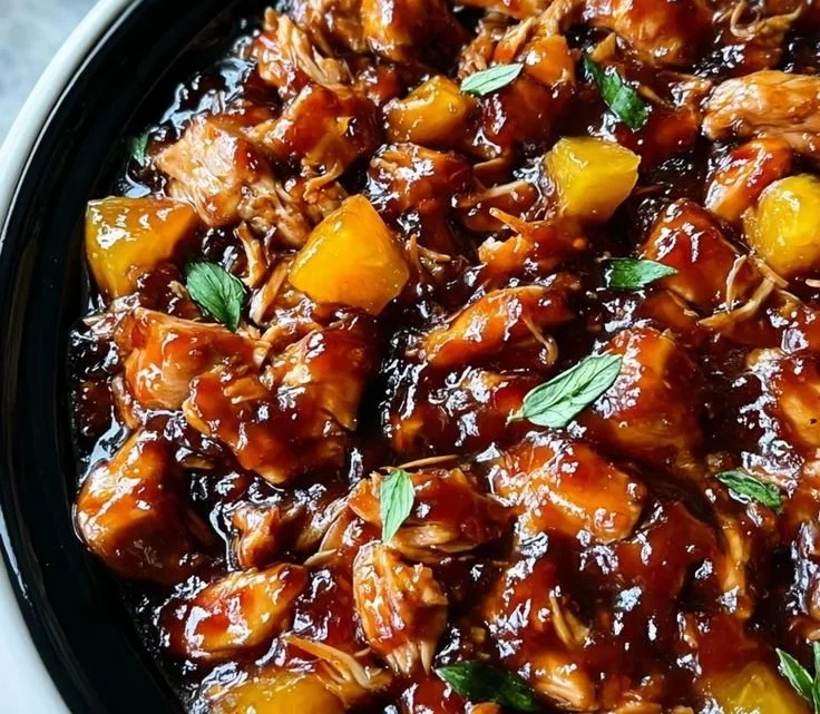 Sweet Hawaiian Crockpot Chicken with pineapple and sauce in a bowl.