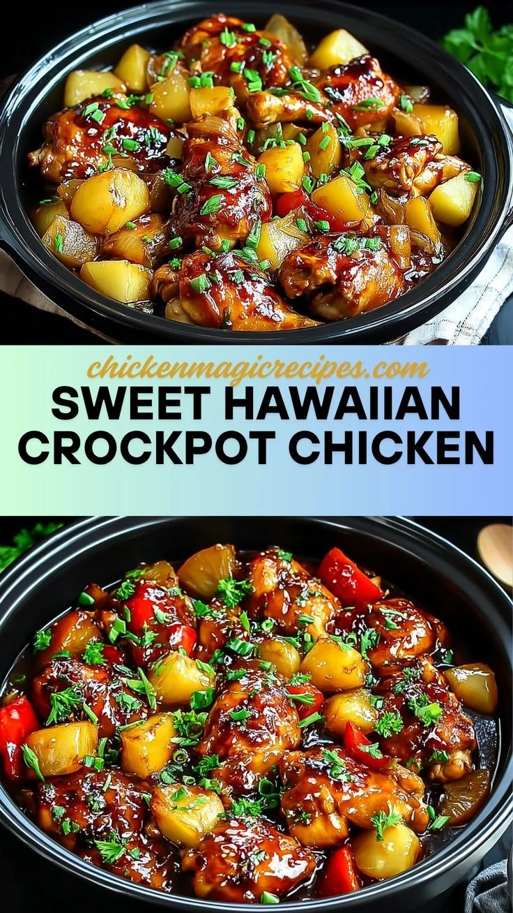 Sweet Hawaiian Crockpot Chicken served in a bowl with fresh vegetables.