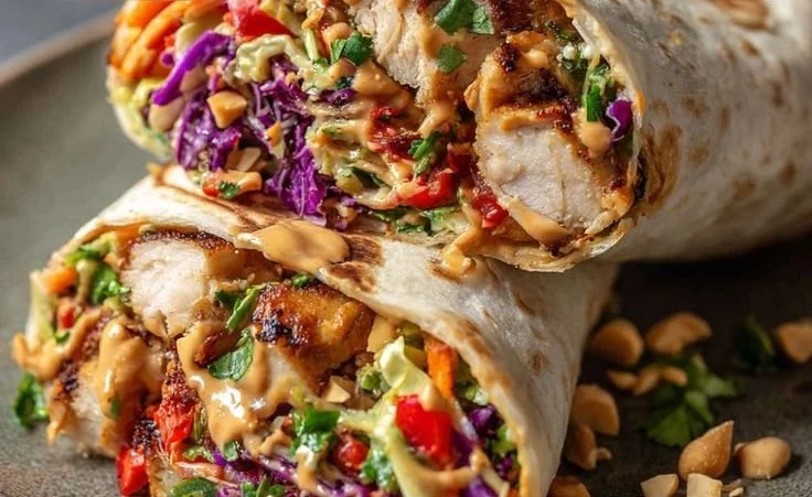 Thai Chicken Wrap with Crunchy Asian Slaw on a wooden platter