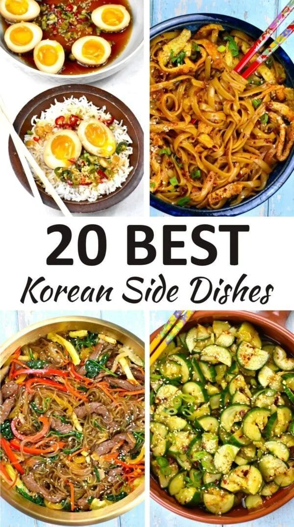 A colorful selection of popular Korean side dishes including kimchi and banchan.