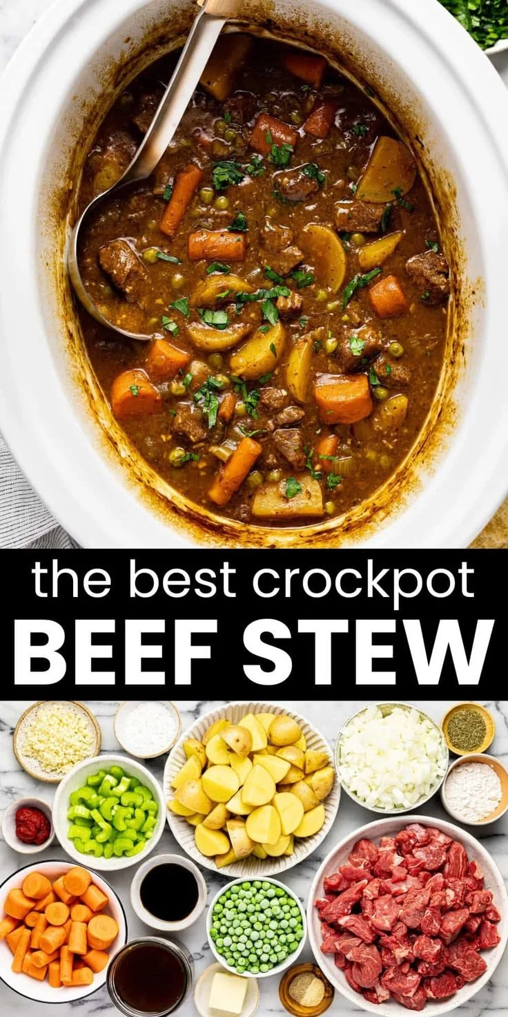 Delicious slow cooker beef stew simmering in a pot with fresh herbs and vegetables.