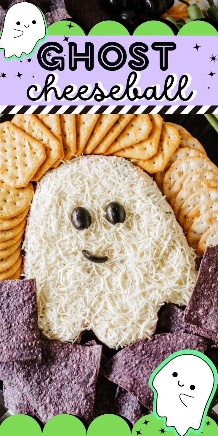 Delicious ghost-themed cheeseball on a Halloween charcuterie board