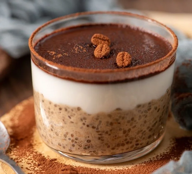 Delicious tiramisu chia pudding with Greek yogurt served in a clear glass bowl