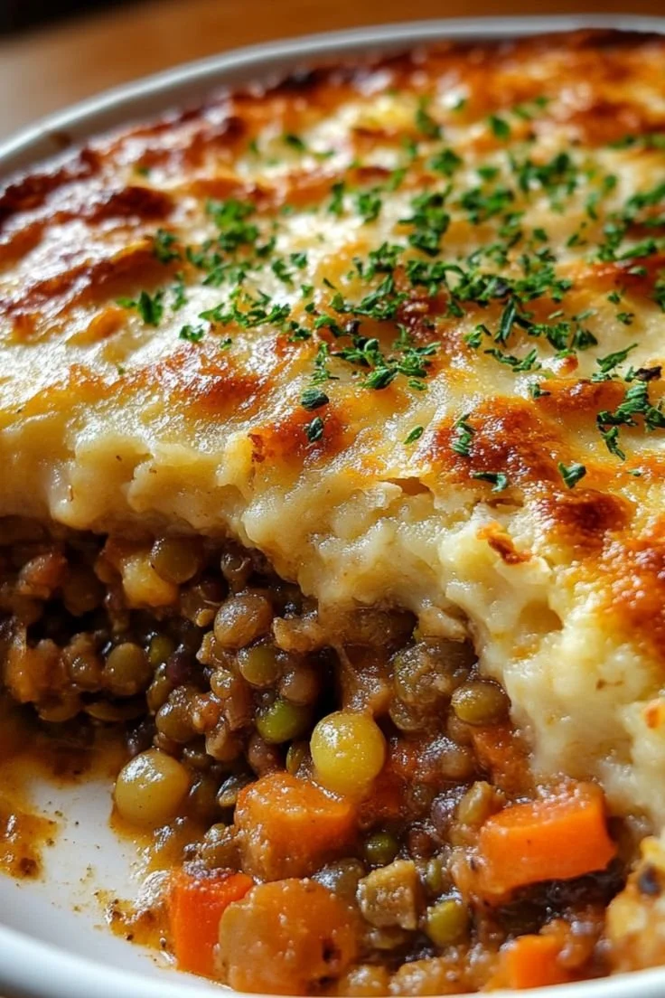 Vegan Lentil Shepherd's Pie served in a dish with a golden mashed potato topping