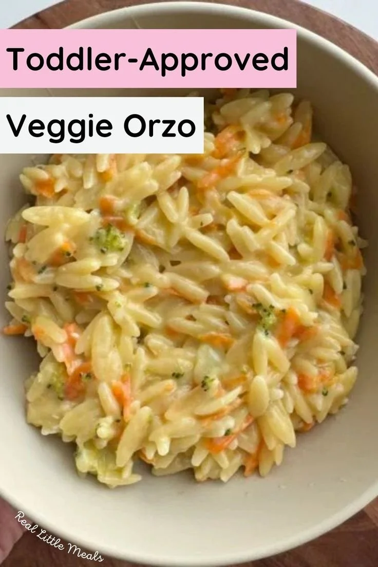Colorful Veggie Orzo dish served in a bowl, perfect for toddlers and family meals.