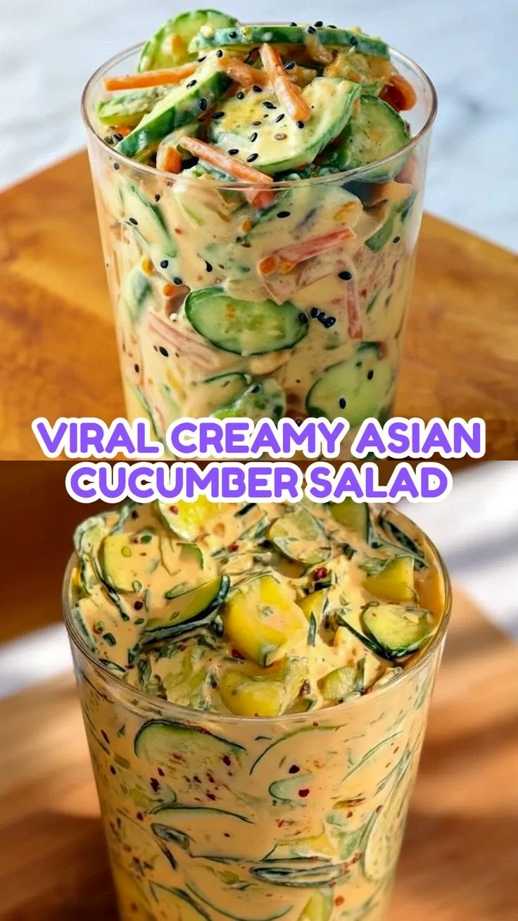 Viral creamy Asian cucumber salad served in a bowl with fresh herbs