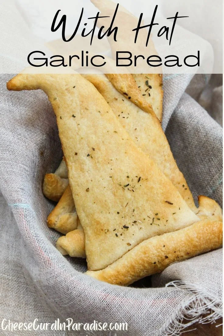 Witch Hat Garlic Bread with a spooky design for Halloween