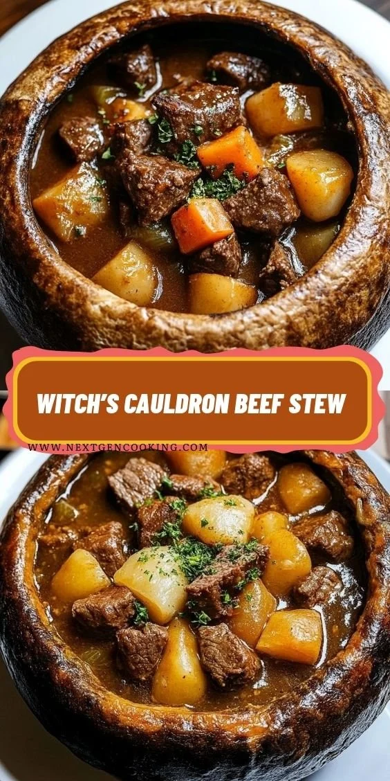 A bubbling cauldron of Witch's Cauldron Beef Stew filled with vegetables and tender beef.