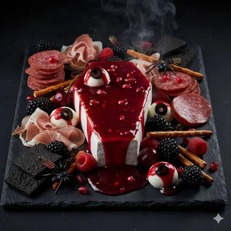Spooky charcuterie stylings by Finch and Fennel showcasing meats and cheeses.