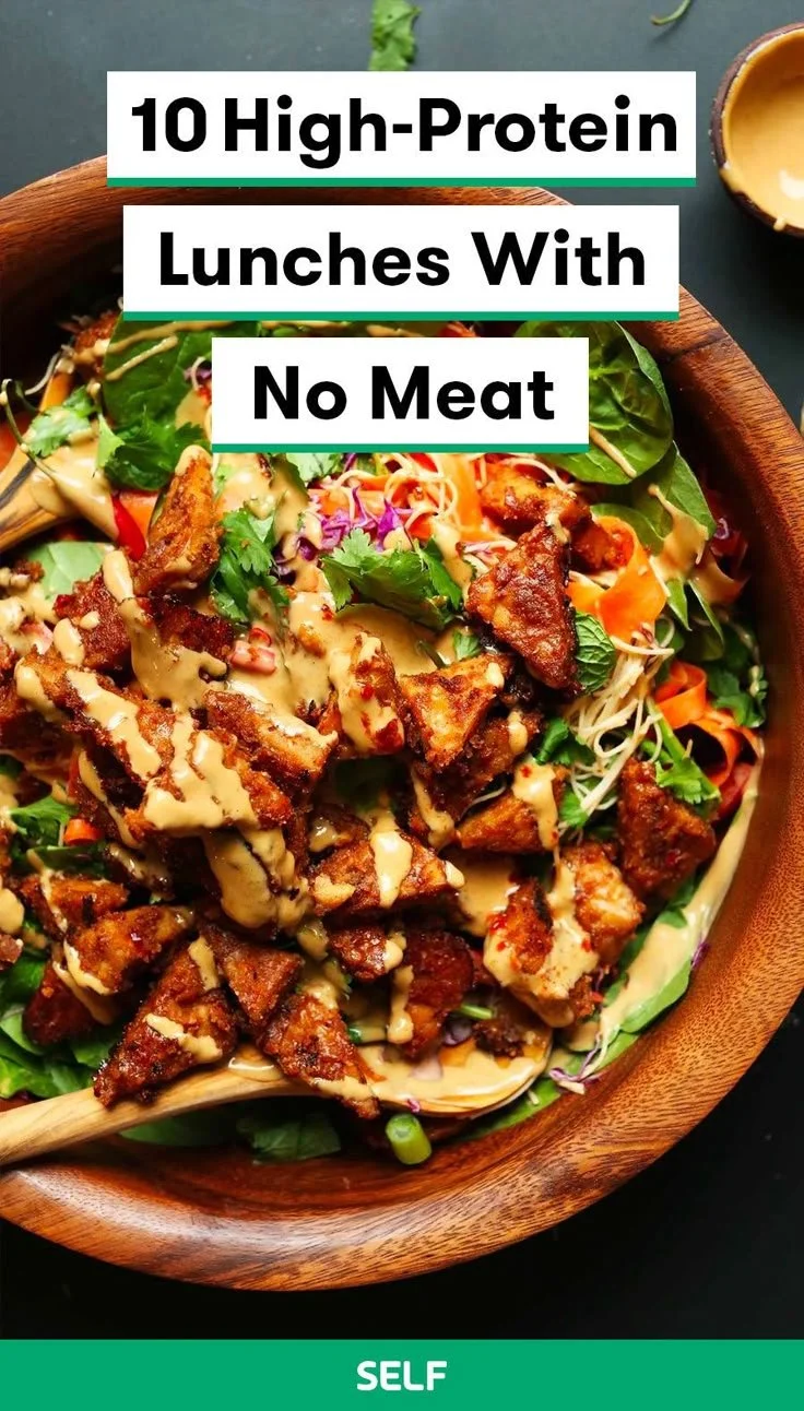 Delicious high-protein lunches with no meat, showcasing colorful plant-based ingredients.