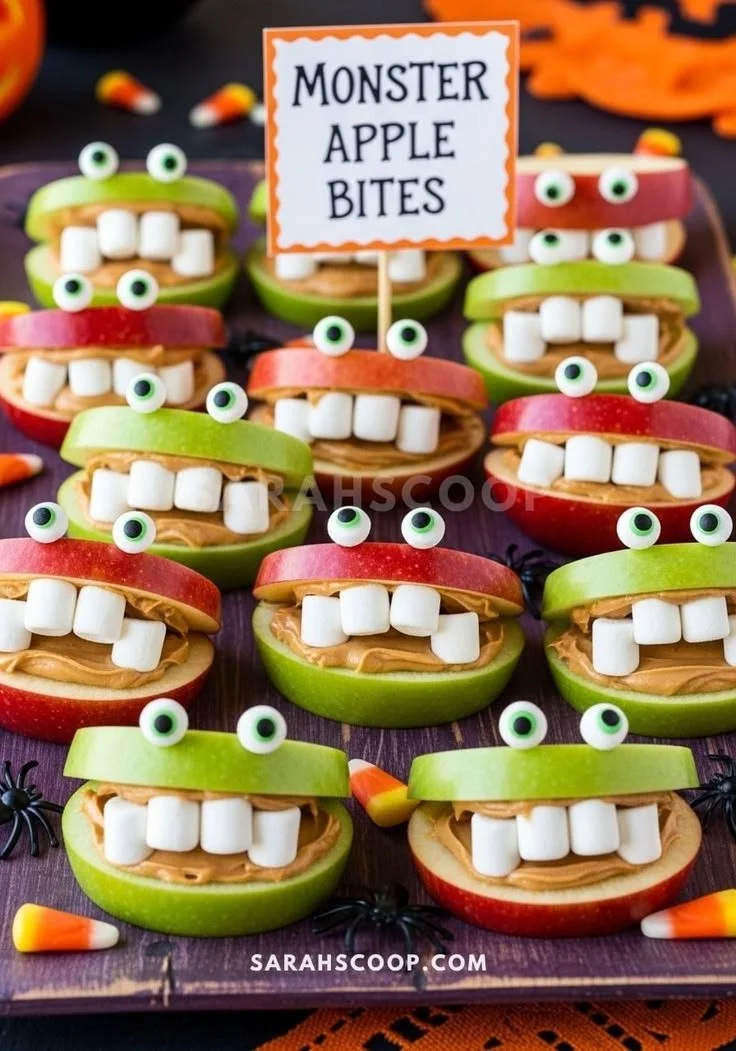 A variety of fun and spooky Halloween snacks for kids, including treats and decorations.