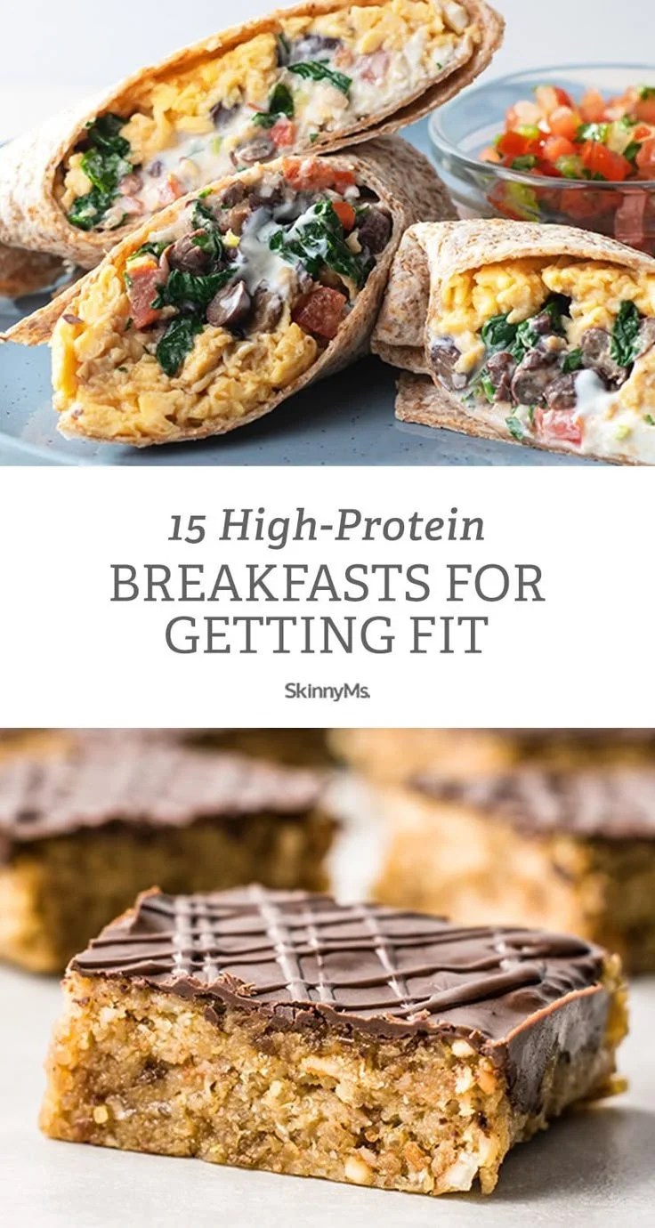Variety of high protein breakfasts on a table for healthy eating.
