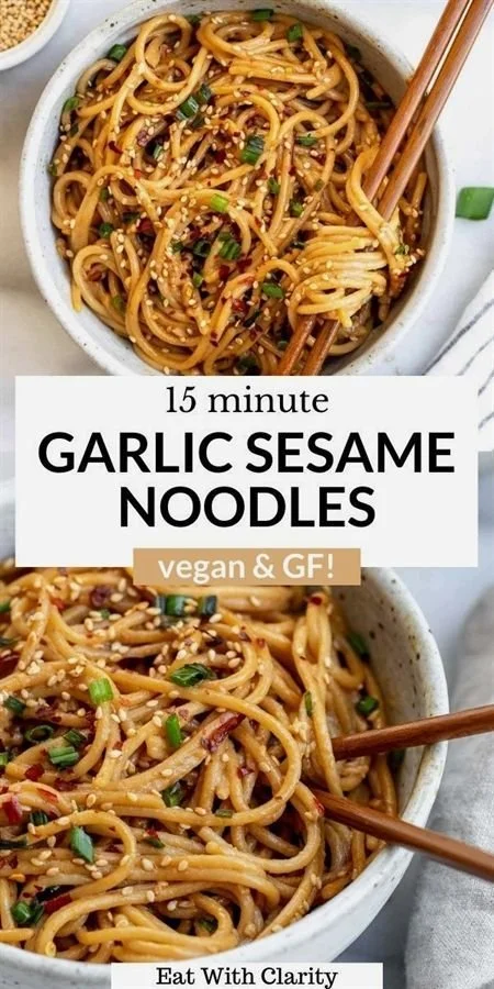 Delicious bowl of garlic sesame noodles garnished with sesame seeds