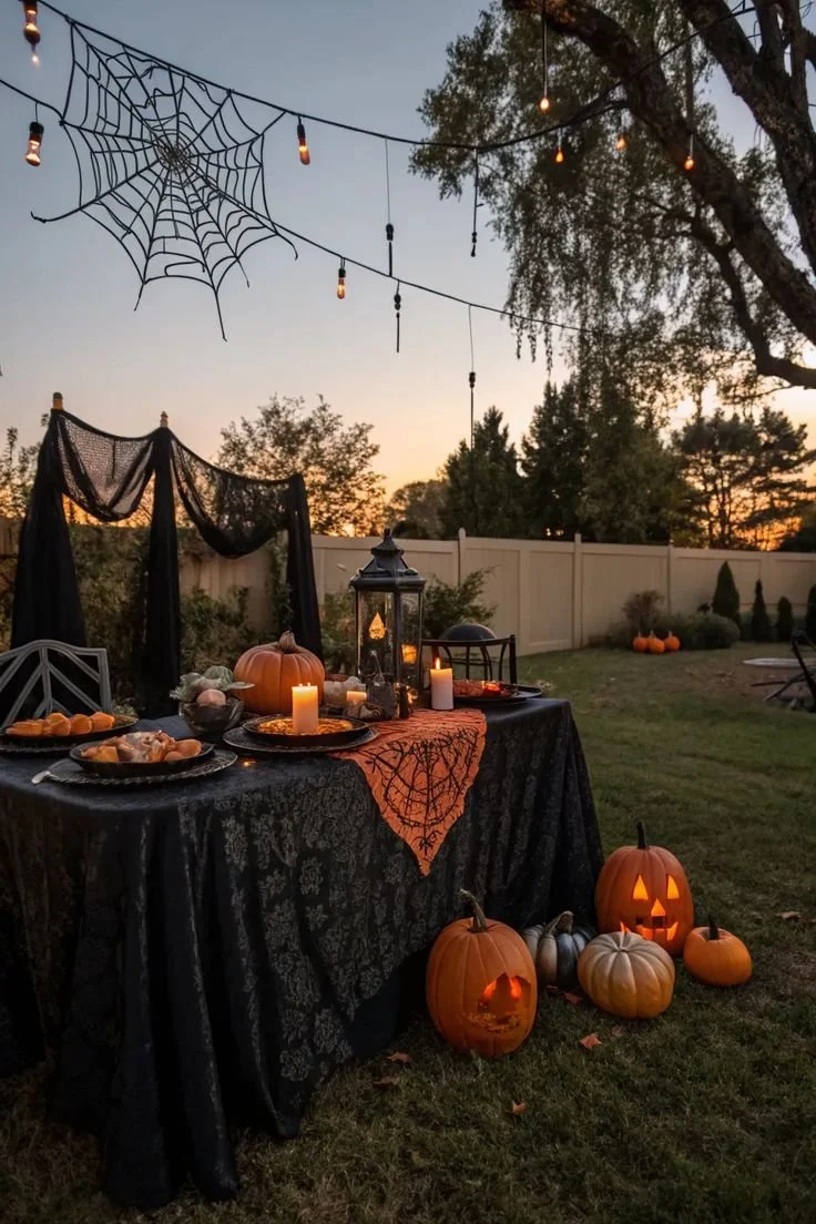 Backyard Halloween party setup with decorations and themed games