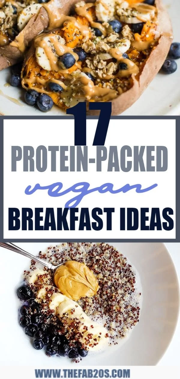 Plate of protein-packed vegan breakfast ideas with fruits and grains.
