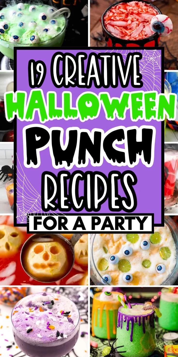 Table set with various nonalcoholic Halloween party punch recipes and decorations.