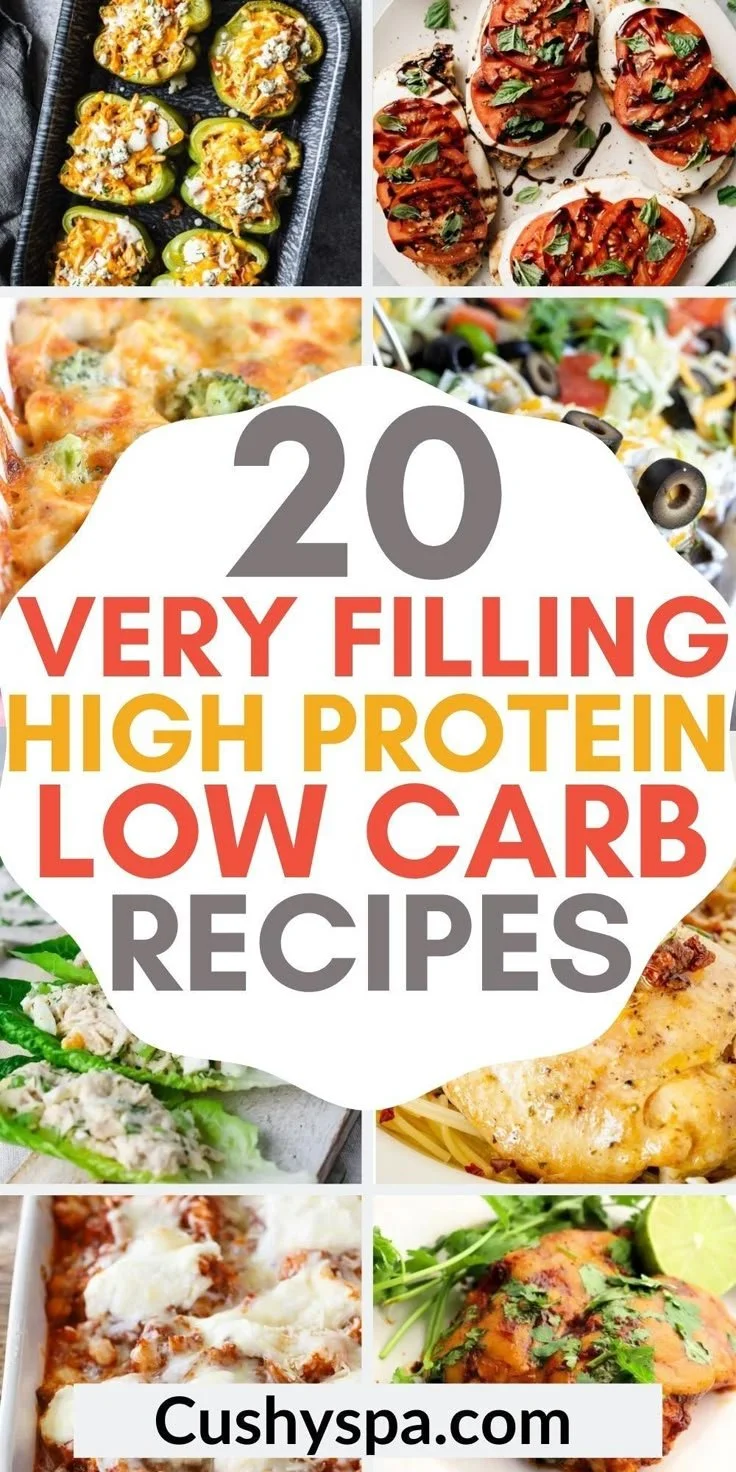 A variety of 20 low carb high protein meals arranged on a clean table.