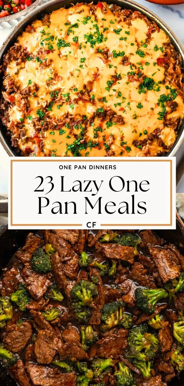 A variety of one pan meals including colorful vegetables and proteins for easy cooking.