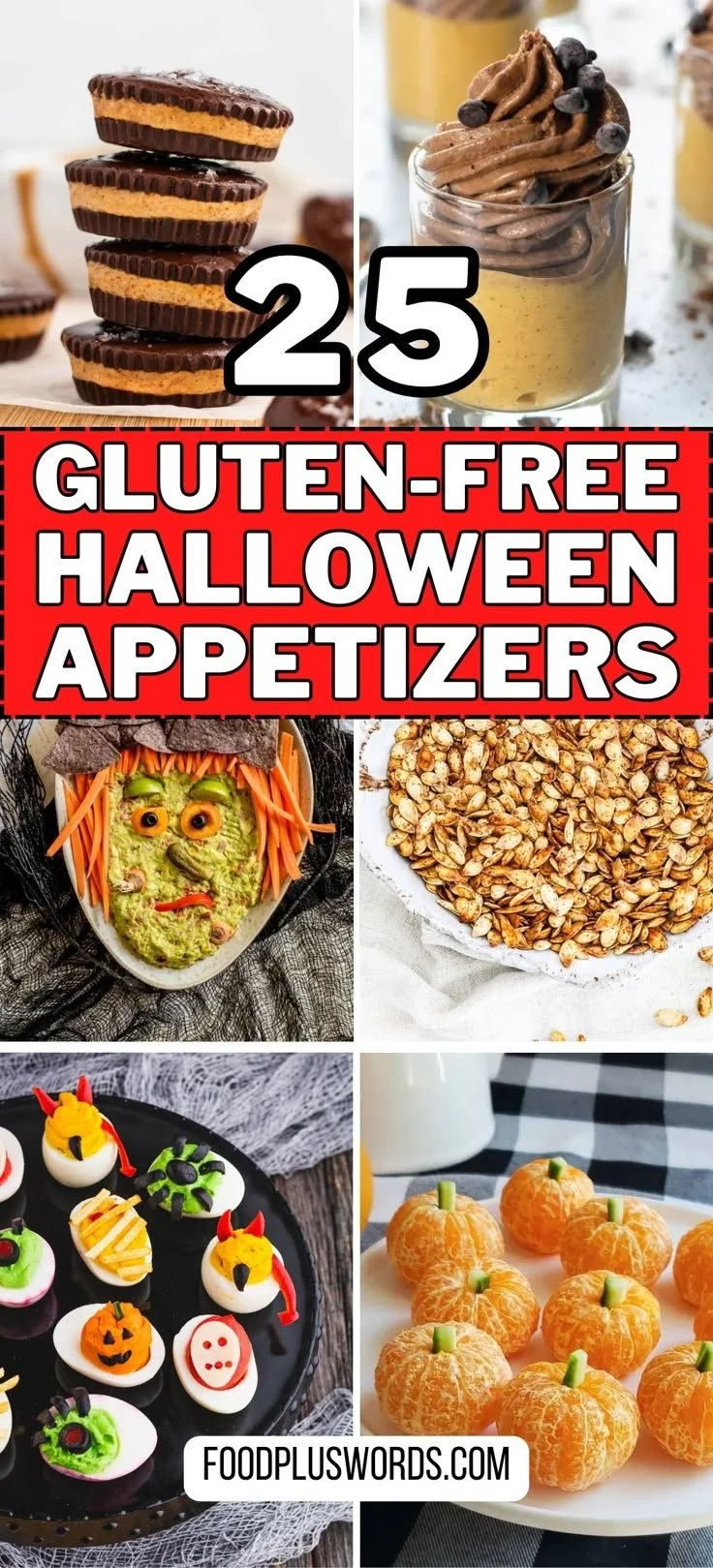 A platter of gluten free Halloween appetizers for adults, featuring various spooky-themed treats.