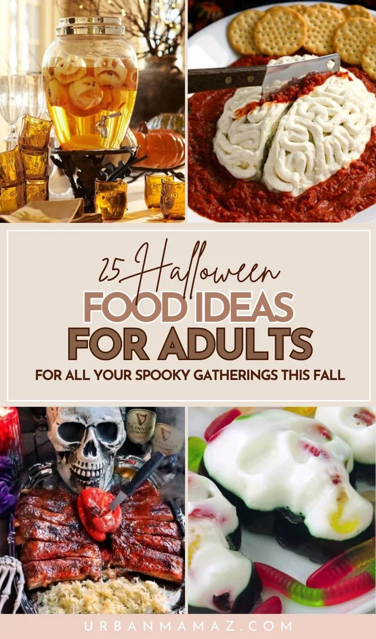25 Halloween food ideas for adults presented on a festive table for spooky gatherings.