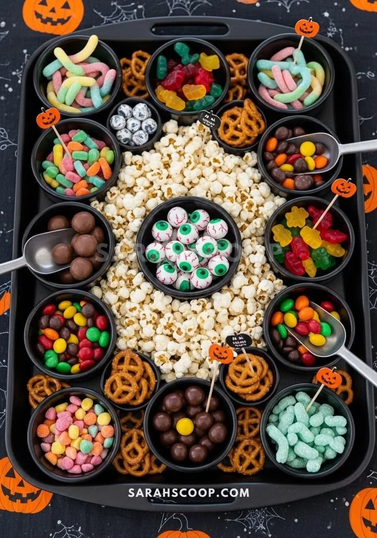 Colorful Halloween snack board featuring spooky treats and festive decorations.