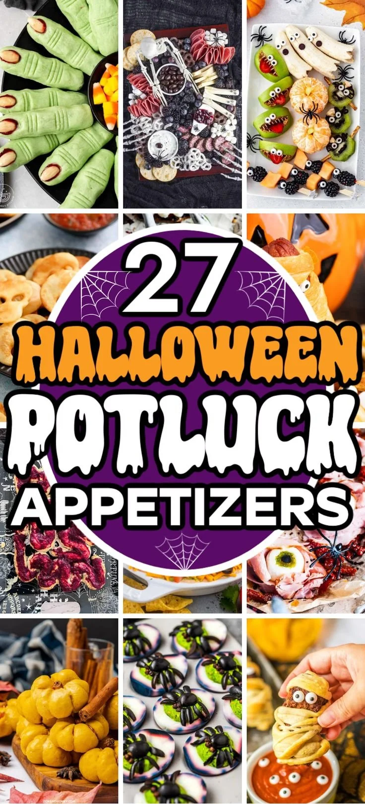 A spread of creative Halloween appetizers for a potluck.
