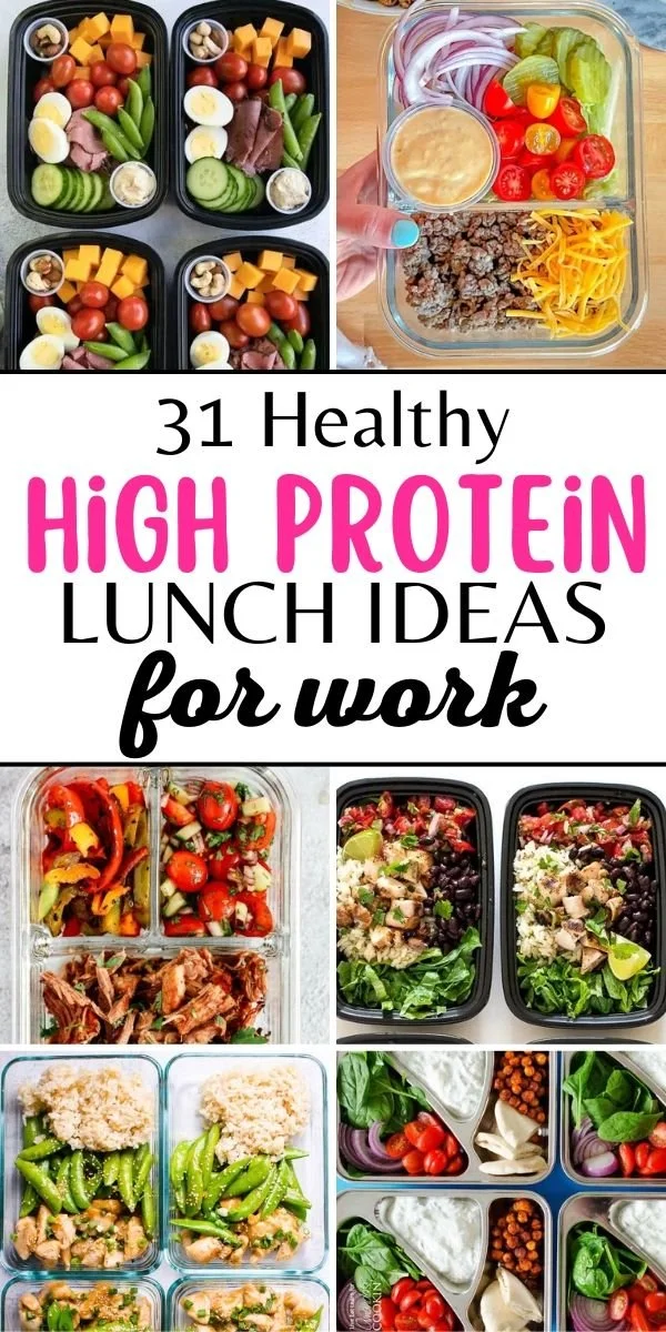 Healthy protein lunch ideas for work featuring various nutritious meals.