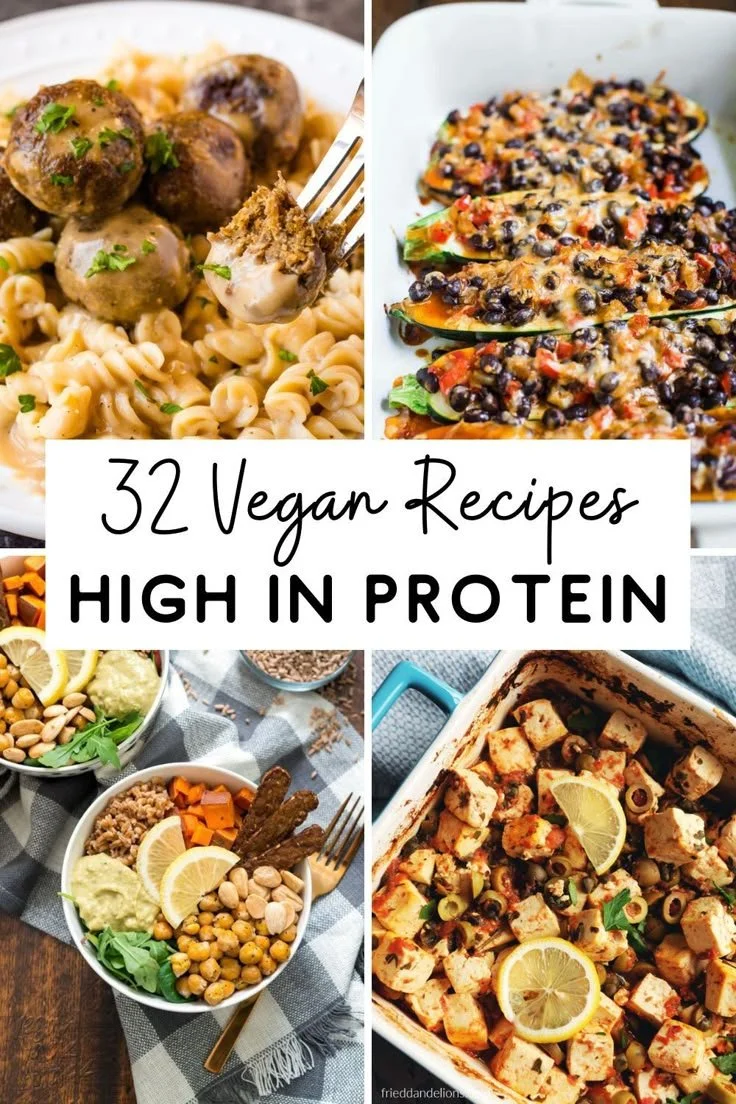 A colorful spread of 32 high-protein vegan recipes featuring legumes, tofu, and quinoa