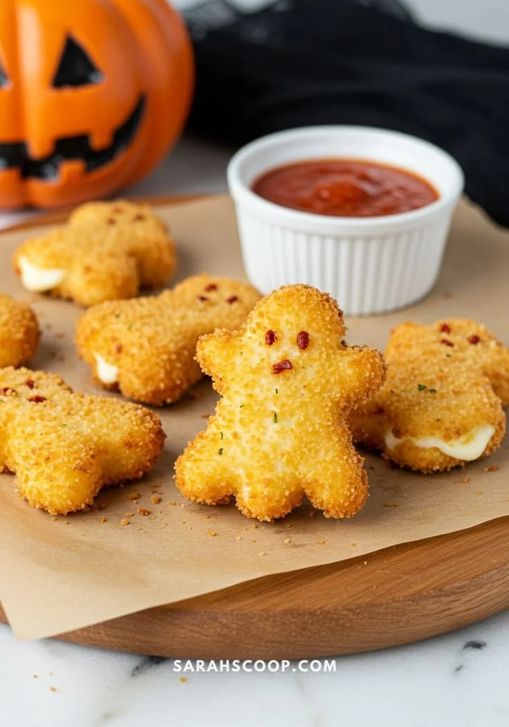 Halloween appetizers featuring mozzarella cheese sticks with red pepper flakes