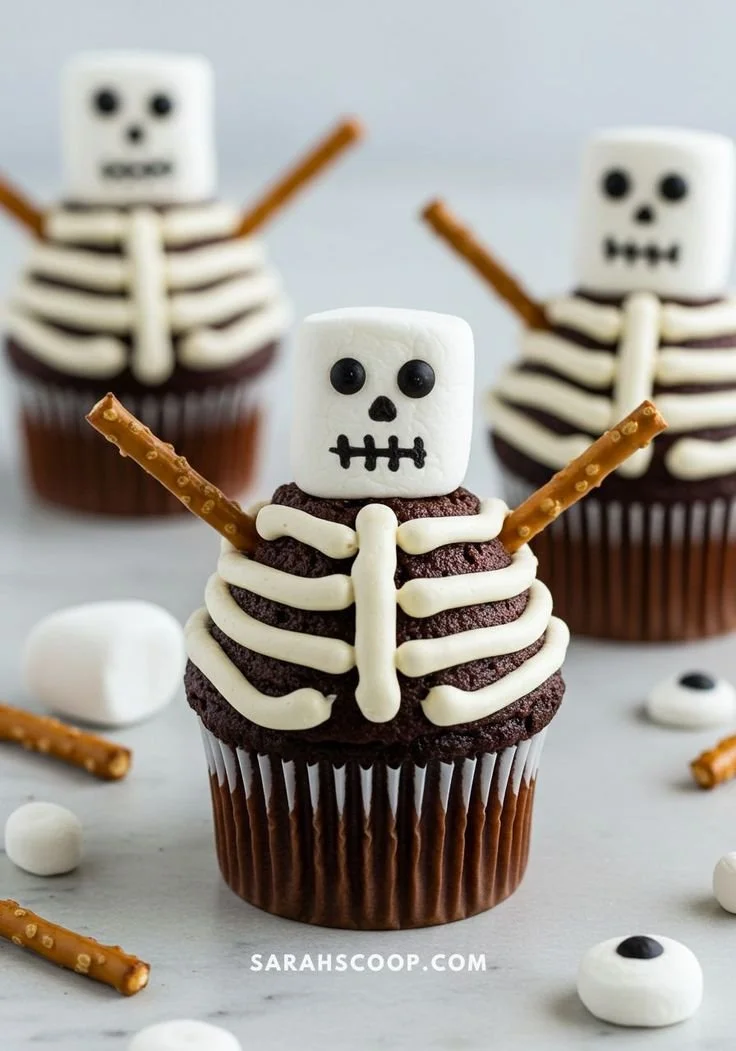Delicious Halloween themed desserts including spooky cupcakes and pumpkin treats.