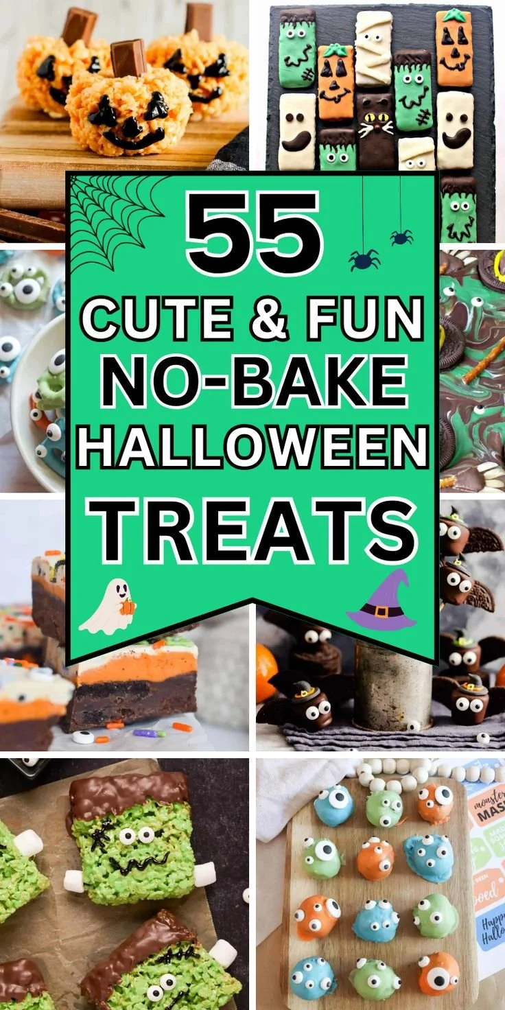 A variety of cute no-bake Halloween desserts on a festive table.