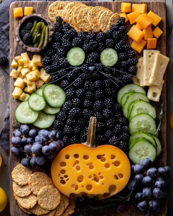 Cute black cat Halloween snack made with blackberries and cucumber slices.
