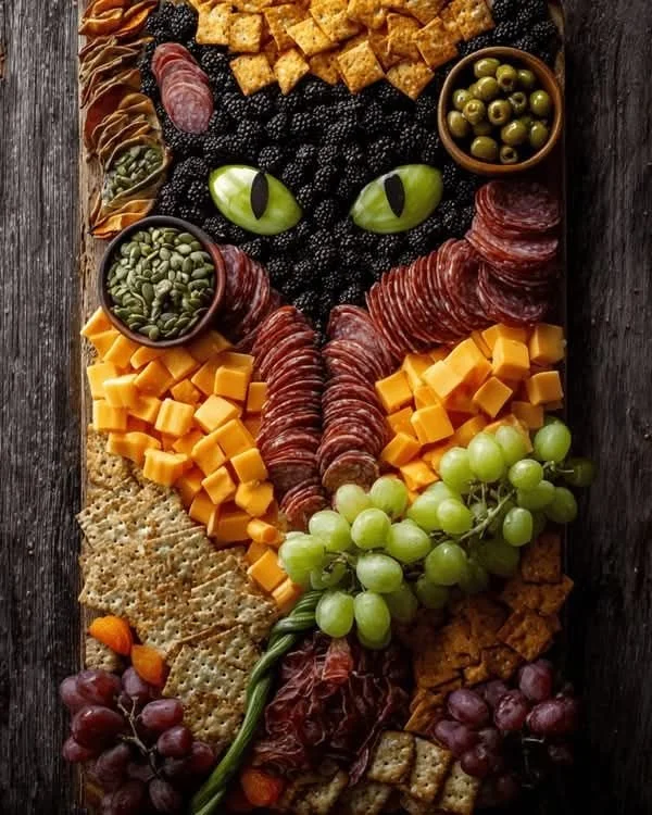 Spooky charcuterie boards featuring Halloween treats and cat-shaped snacks.