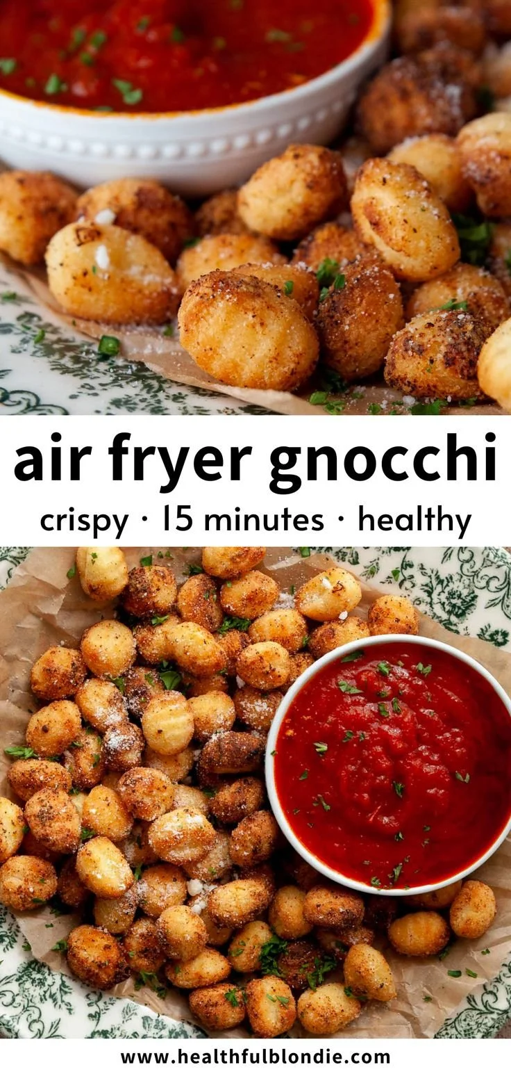 Crispy air fryer gnocchi served with sauce and herbs