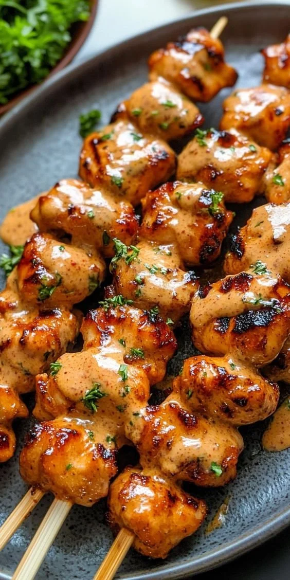 Delicious Bang Bang Chicken skewers ready to be served.
