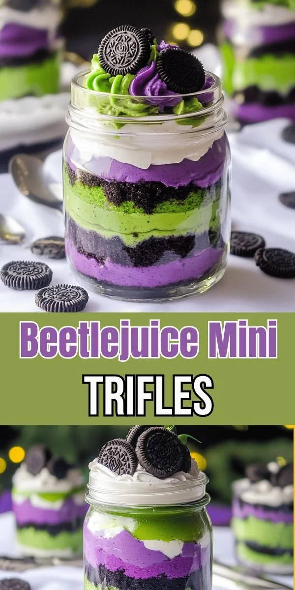 Colorful Beetlejuice mini trifles in whimsical jars for Halloween dessert.