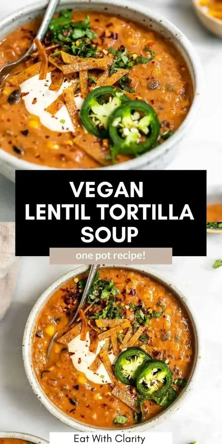 Delicious vegan lentil tortilla soup served in a bowl with fresh toppings