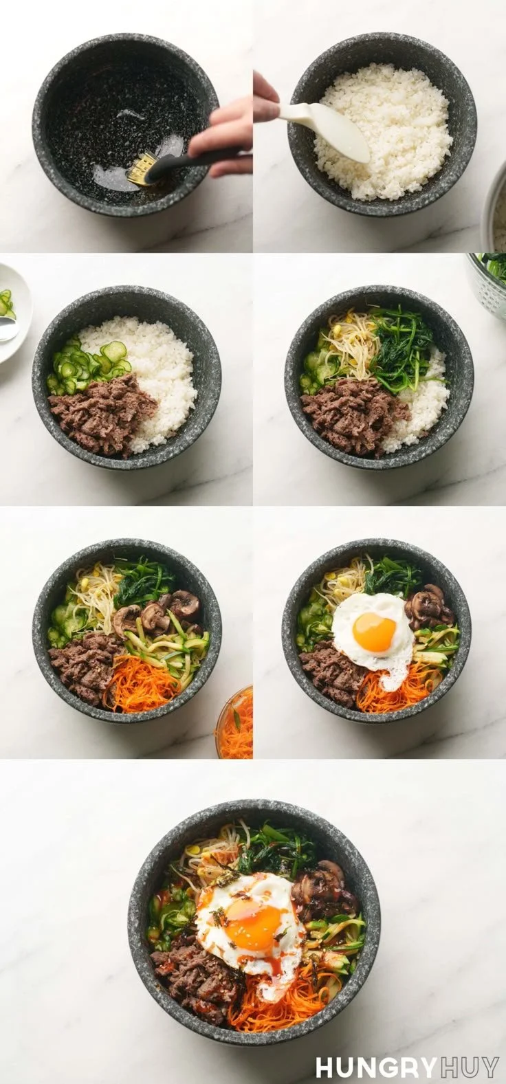 A colorful bibimbap bowl with rice, beef, and fresh vegetables