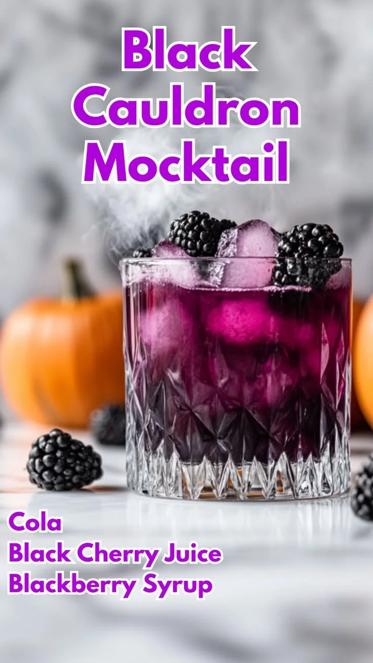 A delicious Black Cauldron Mocktail served in a spooky glass with garnishes.