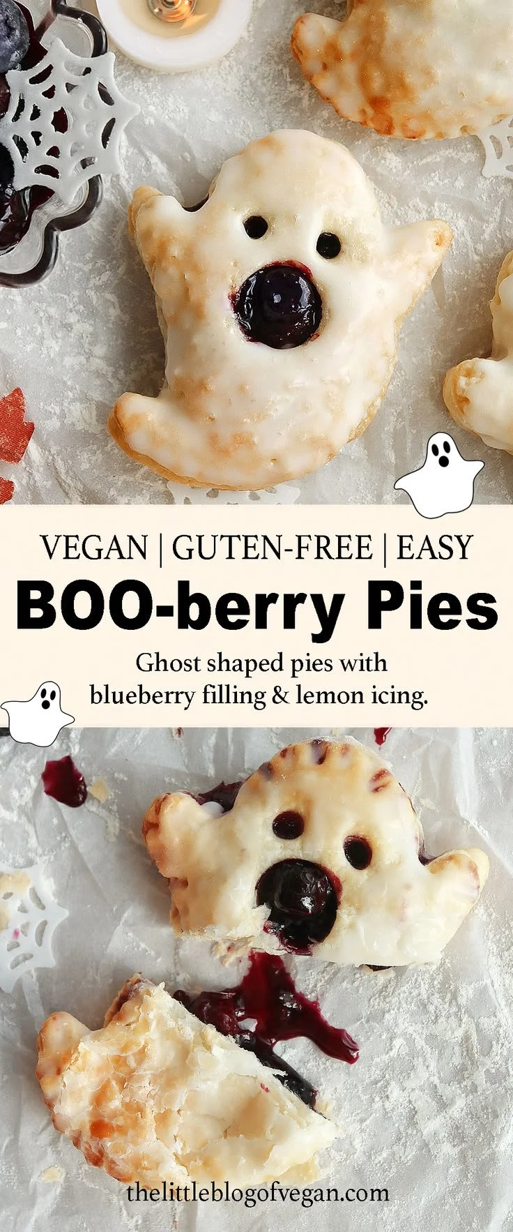 Blueberry ghost hand pies on a rustic plate with spooky decorations