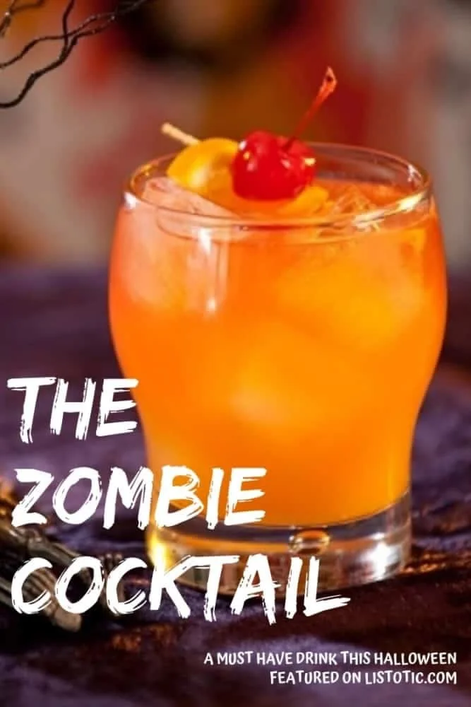 Boozy Zombie Cocktail garnished with fruit and served in a spooky glass