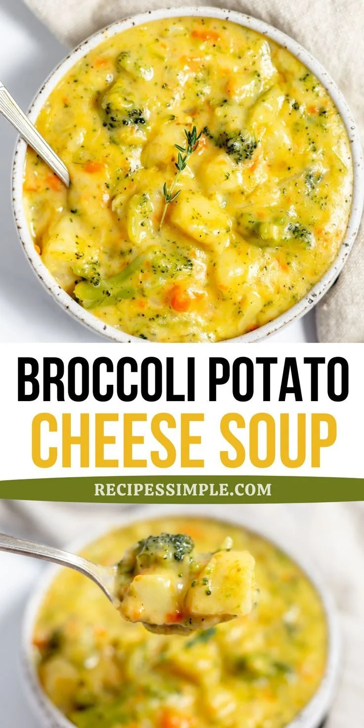 Bowl of creamy broccoli potato cheese soup with fresh vegetables
