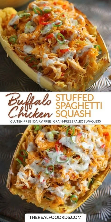 Buffalo Chicken Stuffed Spaghetti Squash with cheese and green onions on top