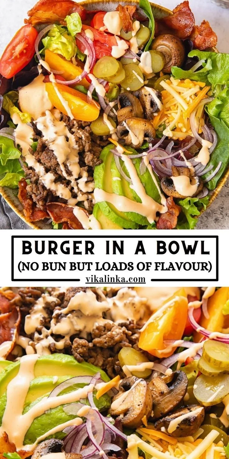 Delicious burger bowl filled with fresh ingredients and rich flavors